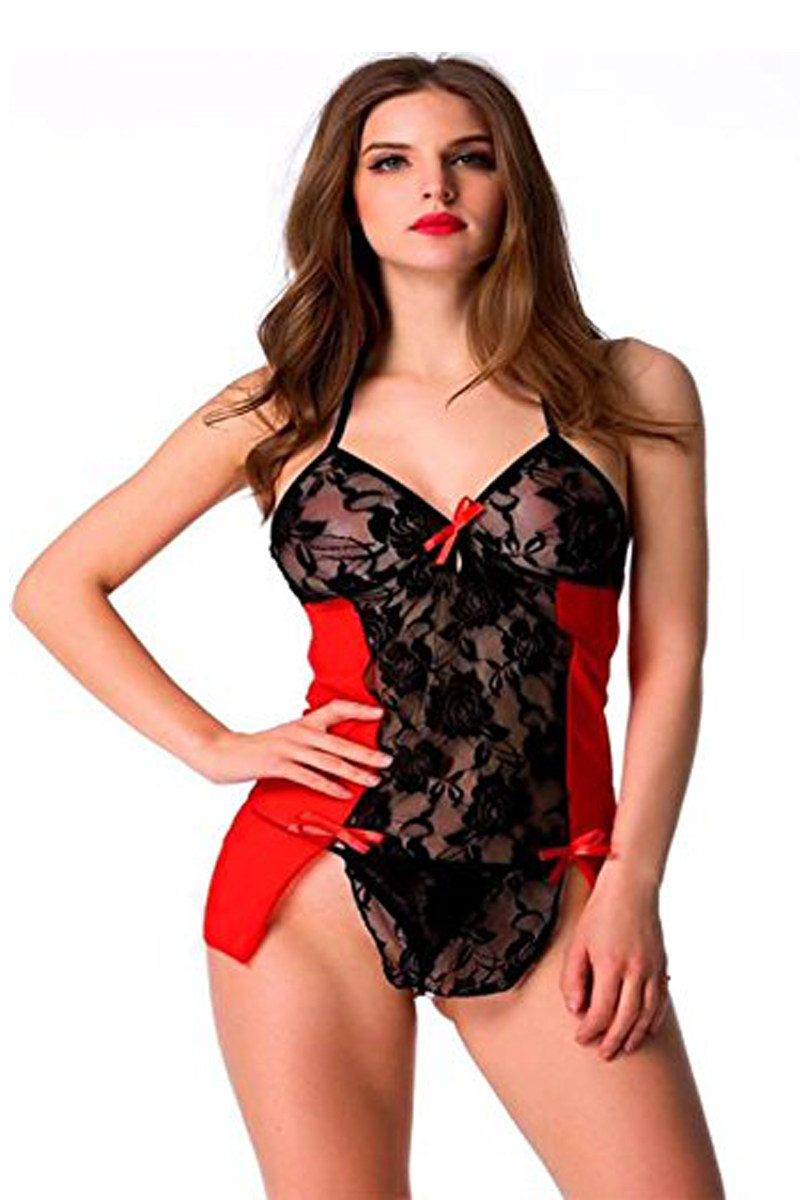 ARARA Women's alluring 2 Piece Lingerie Set Spaghetti Strap Lace Bra with Panty  Red 