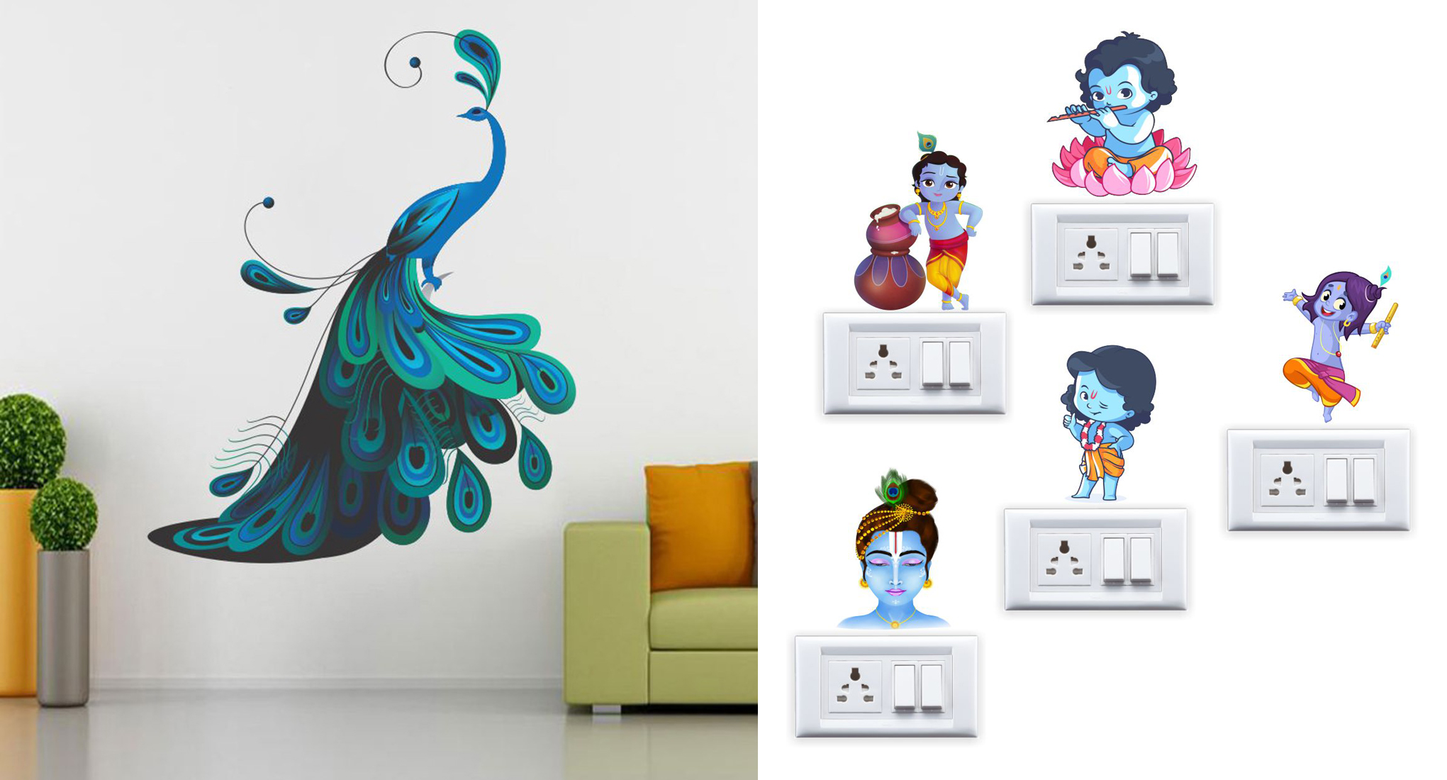Buy EJA Art Modern Peacock Wall Sticker With Free Krishna Switch Board ...