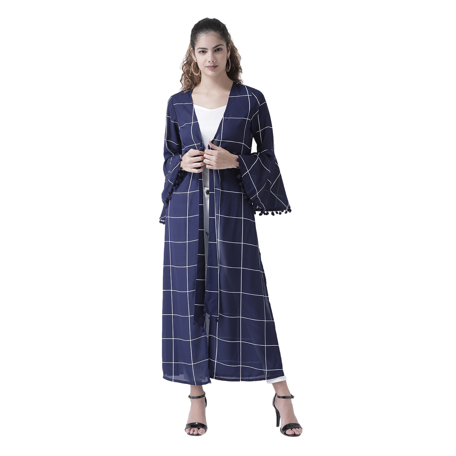 Texco Women Navy Check Bell Sleeve High Fashion Longline Shrug