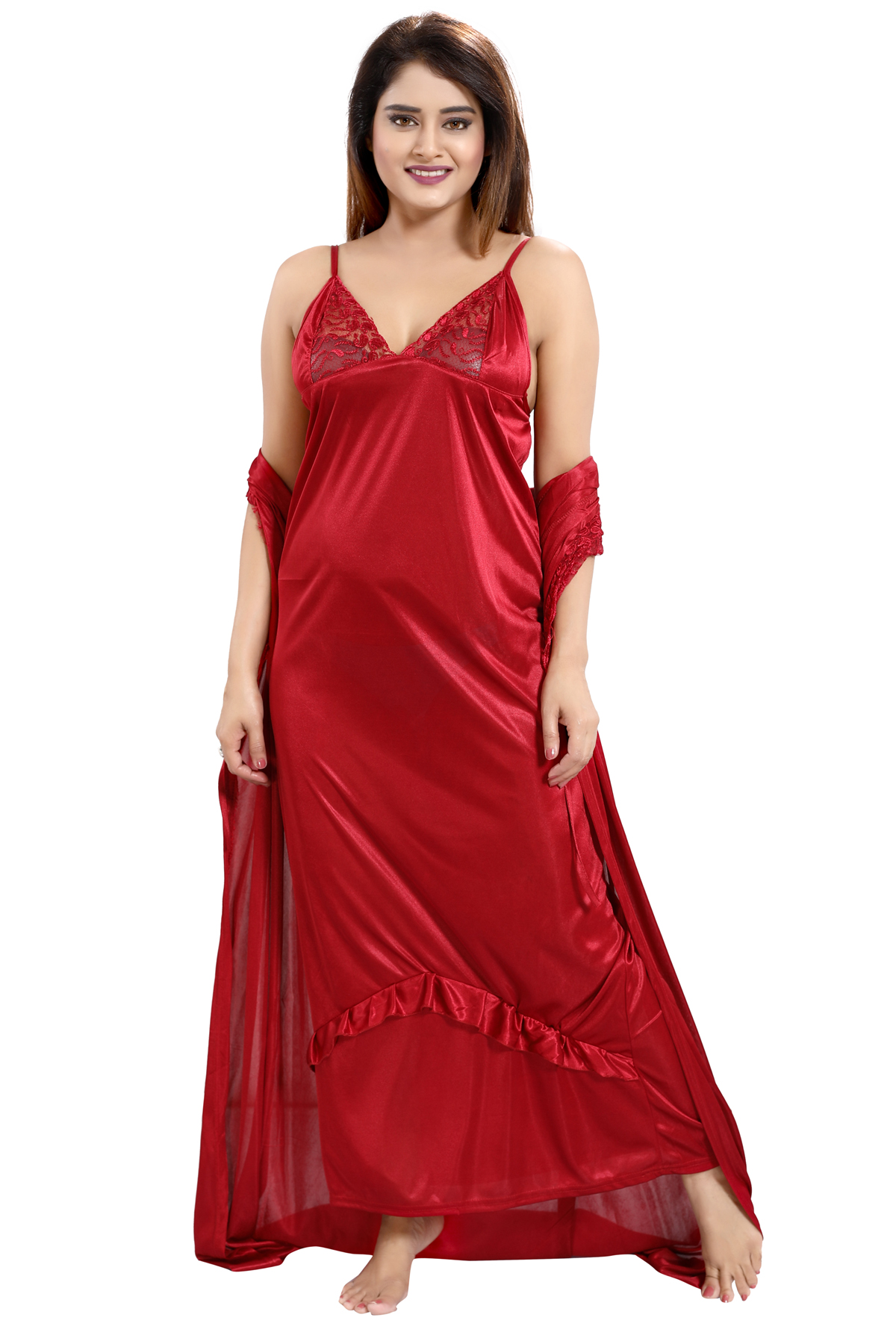 Buy Be You Maroon Solid Lace Satin Women Nightwear Set (1 Robe, 1 ...