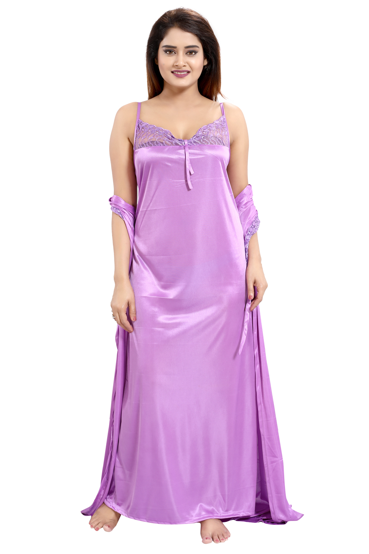 Buy Be You Light Purple Solid Lace Satin Women Nightwear Set Robe Nighty Lingerie Set