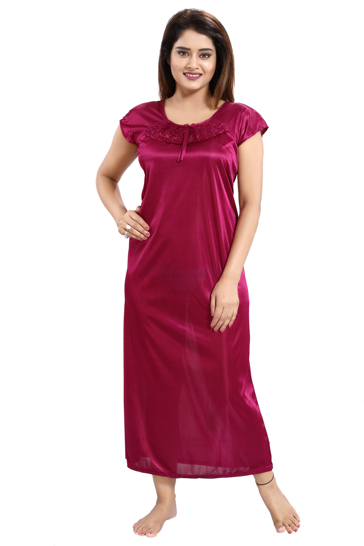 Buy Be You Magenta Solid Lace Satin Women Nightwear Set 1 Robe 1