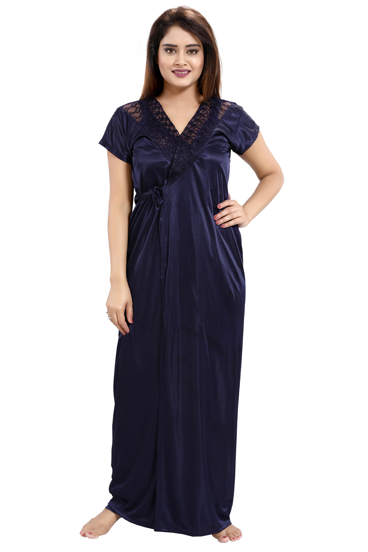 Buy Be You Navy Blue Solid Lace Satin Women Nightwear Set 1 Robe 1