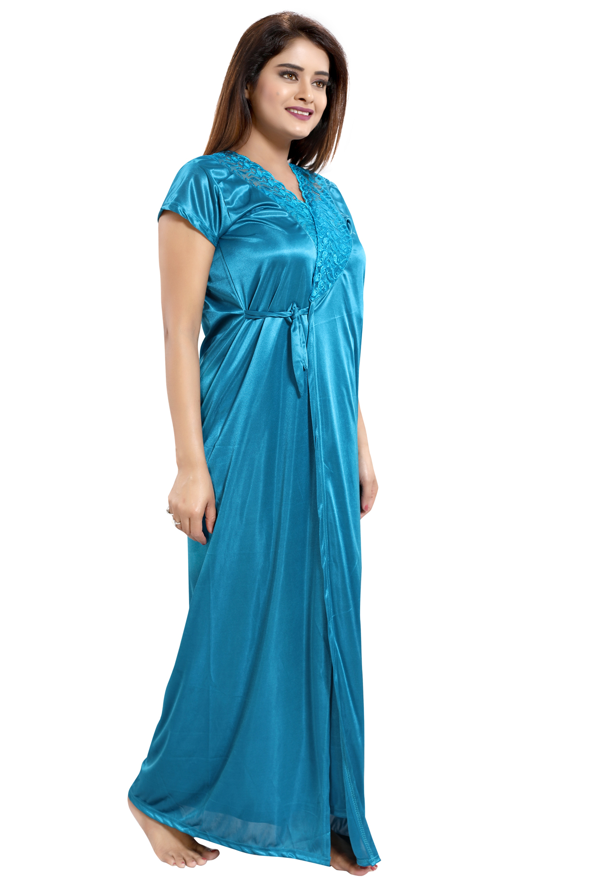 Buy Be You Teal Blue Solid Lace Satin Women Nightwear Set 1 Robe 1