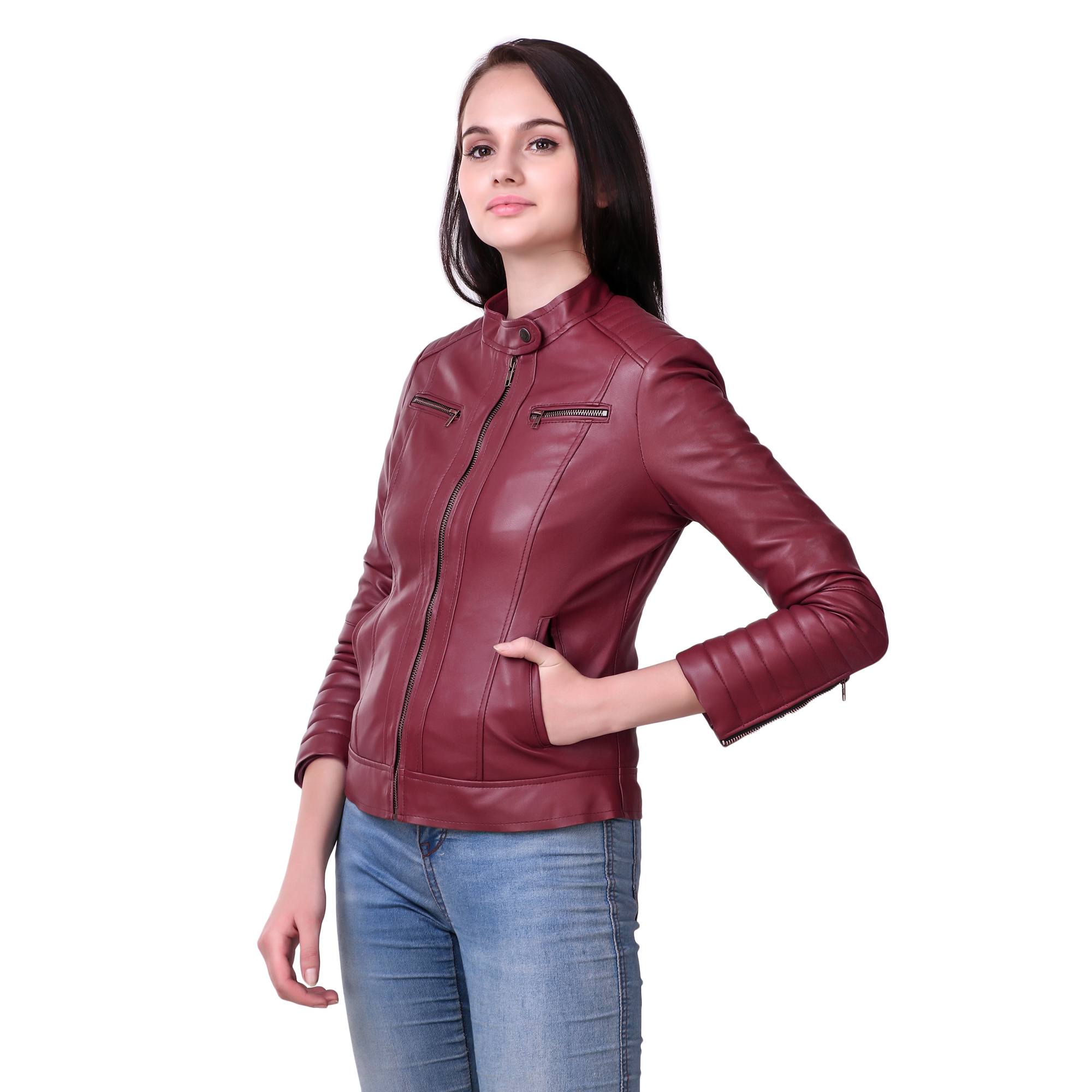 Buy Leather Retail Cherry colour Full Sleeve Solid Jacket for Woman ...