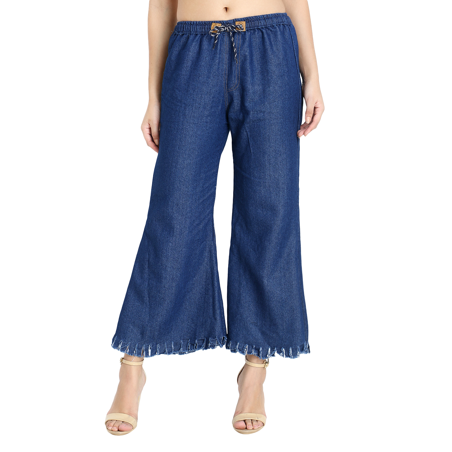 Buy BuyNewTrend Denim Dark Blue Flared Palazzo Pant with Raw Edge For ...