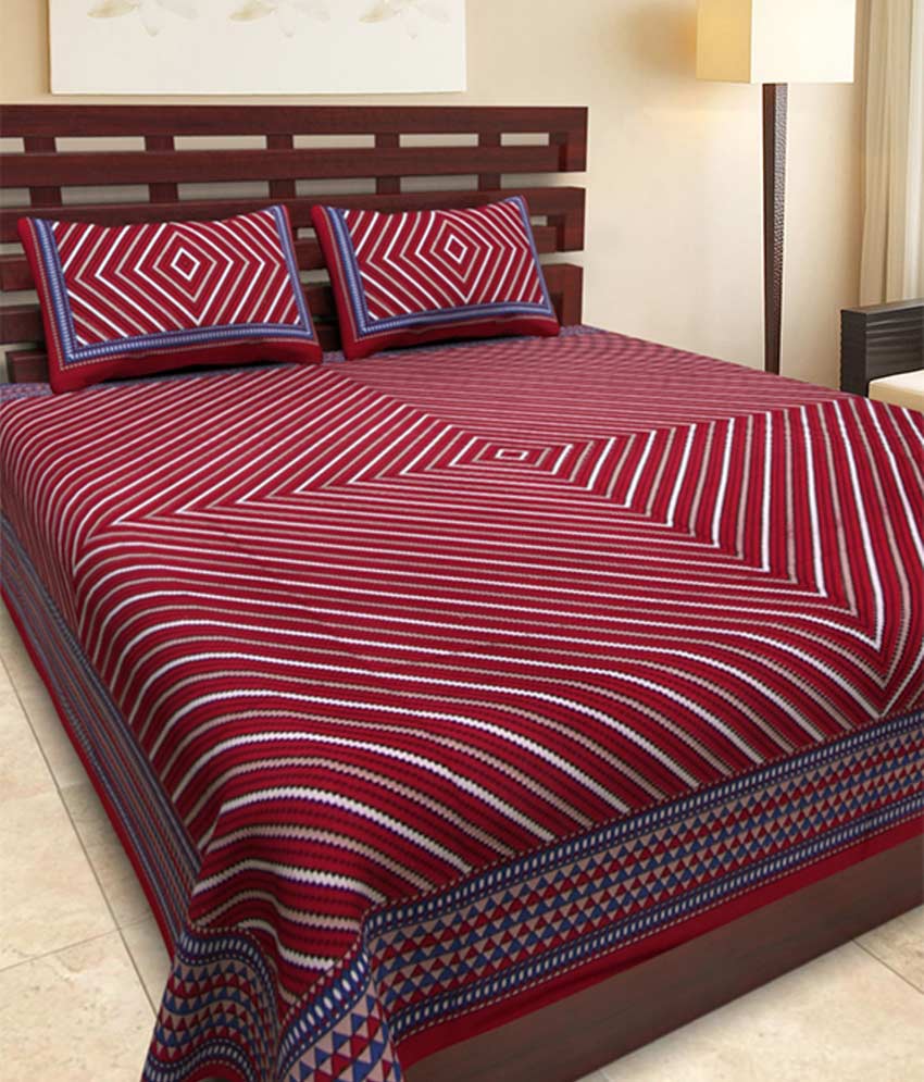 Buy FrionKandy 100 Cotton Striped Print 120 TC Double Bed Sheet With 2