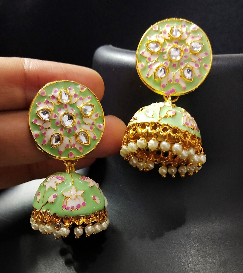 Buy Shourya Exports Earring Green Meenakari Enamel Kundan Lotus ...