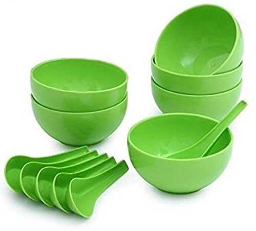 Snowpearl Plastic Round Shape Soup Bowls Set 6 Bowl And 6 Spoon, Microwave Safe For Home And Office Use Green