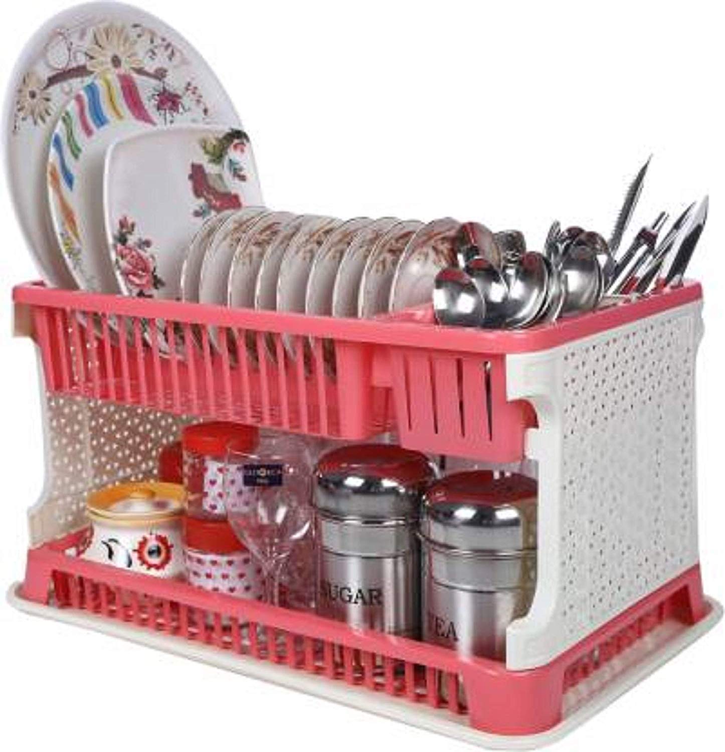 Kitchen Organiser Rack Plastic with Water Collecting Tray Pink