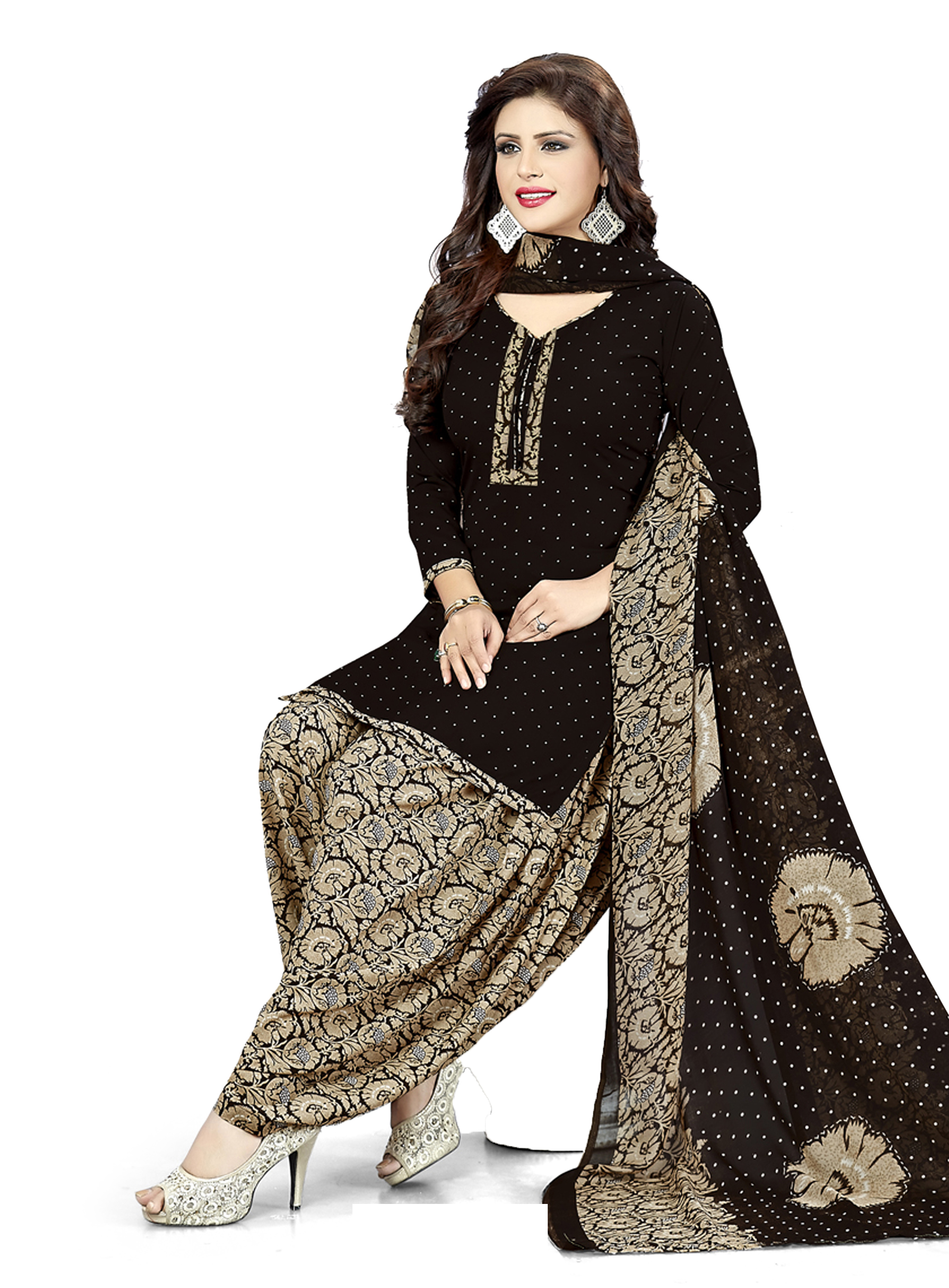 Women Shoppee Women's Black, Beige Printed Salwar Suit Material