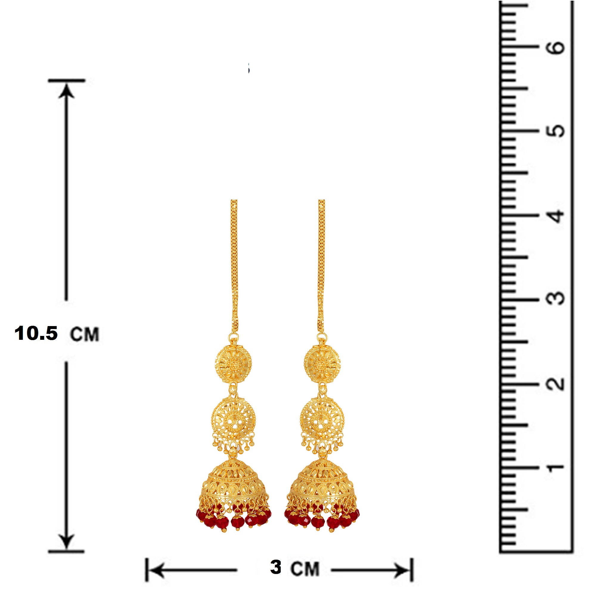 Gold Plated Red Beaded Jhumki Long Earrings By Goldnera