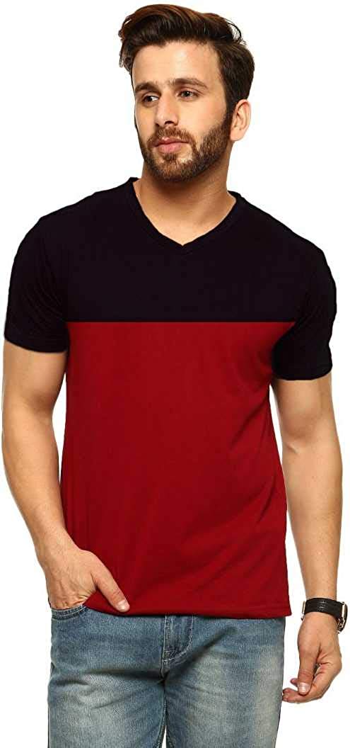 Buy Black Stud Color Block Casual V-Neck Half Sleeves Cotton T Shirt ...