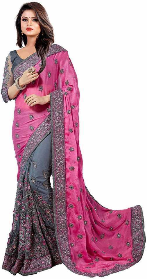 pink saree with grey blouse