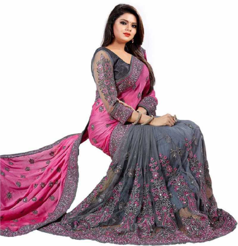 pink saree with grey blouse