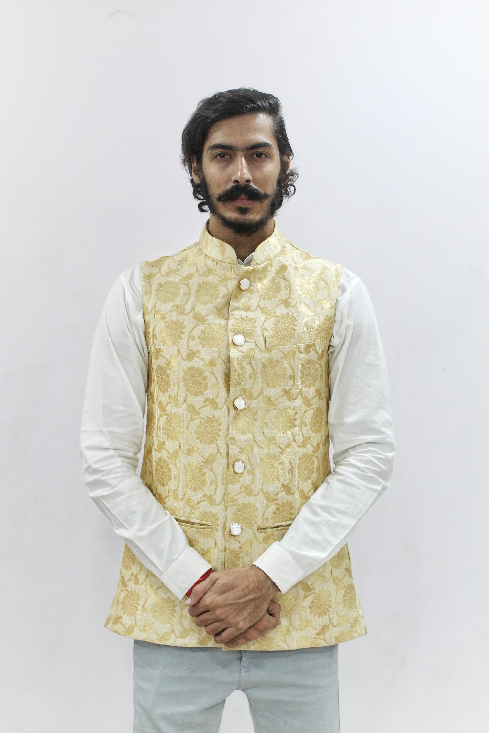 Buy Madhu Shree Safa & Sherwani Jodhpuri Men's Banarsi Fabric Cream ...