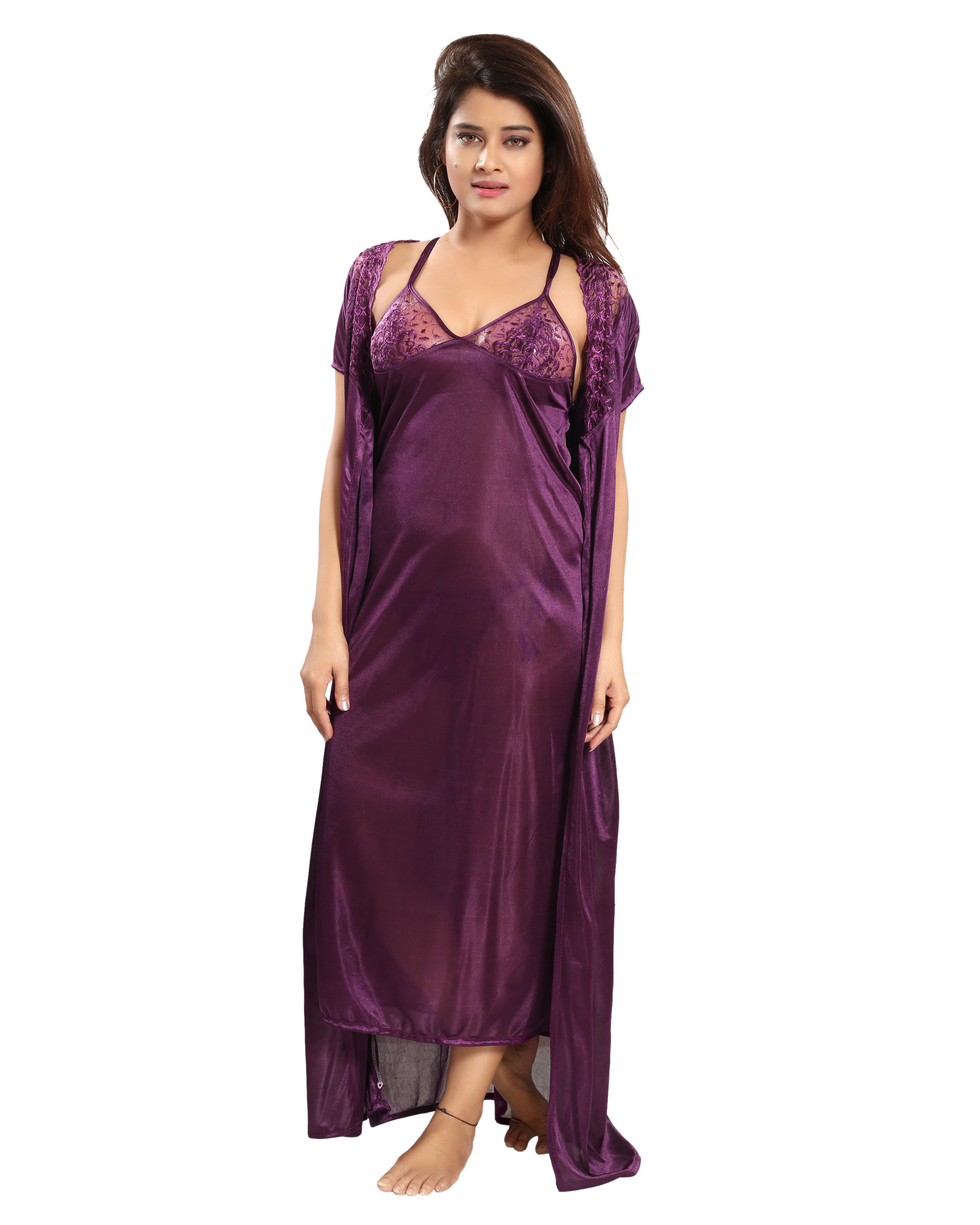 Buy Reposey Purple Satin Solid Nighty With Robe, Bra and Panty ...