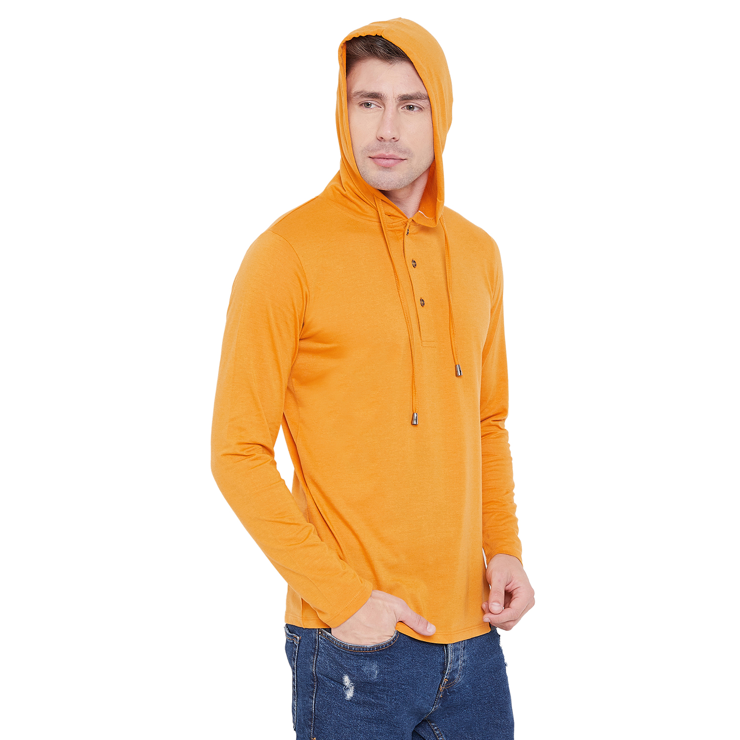 Buy Men Yellow Henley Hooded T-Shirt Online @ ₹399 from ShopClues