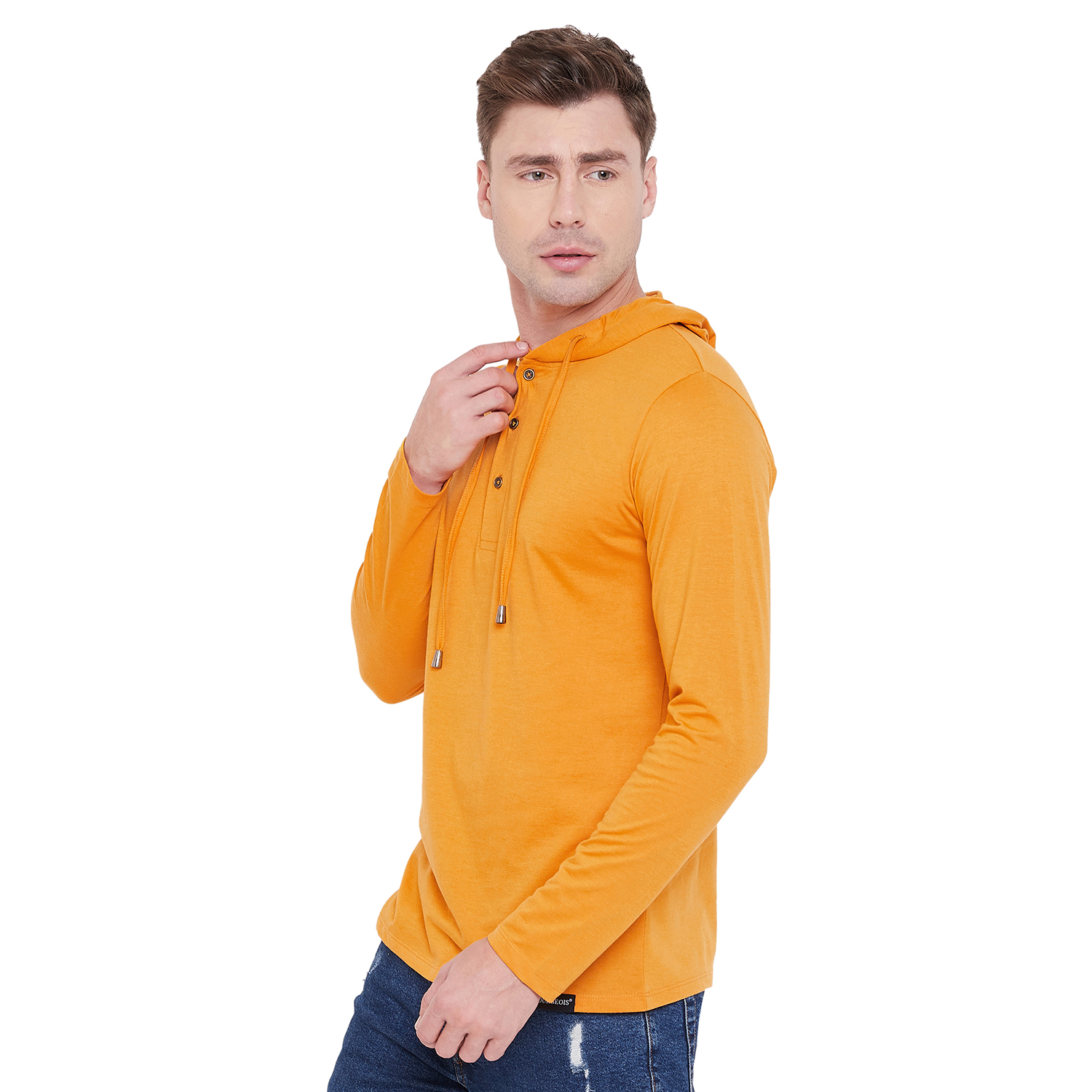 Buy Men Yellow Henley Hooded T-Shirt Online @ ₹399 from ShopClues