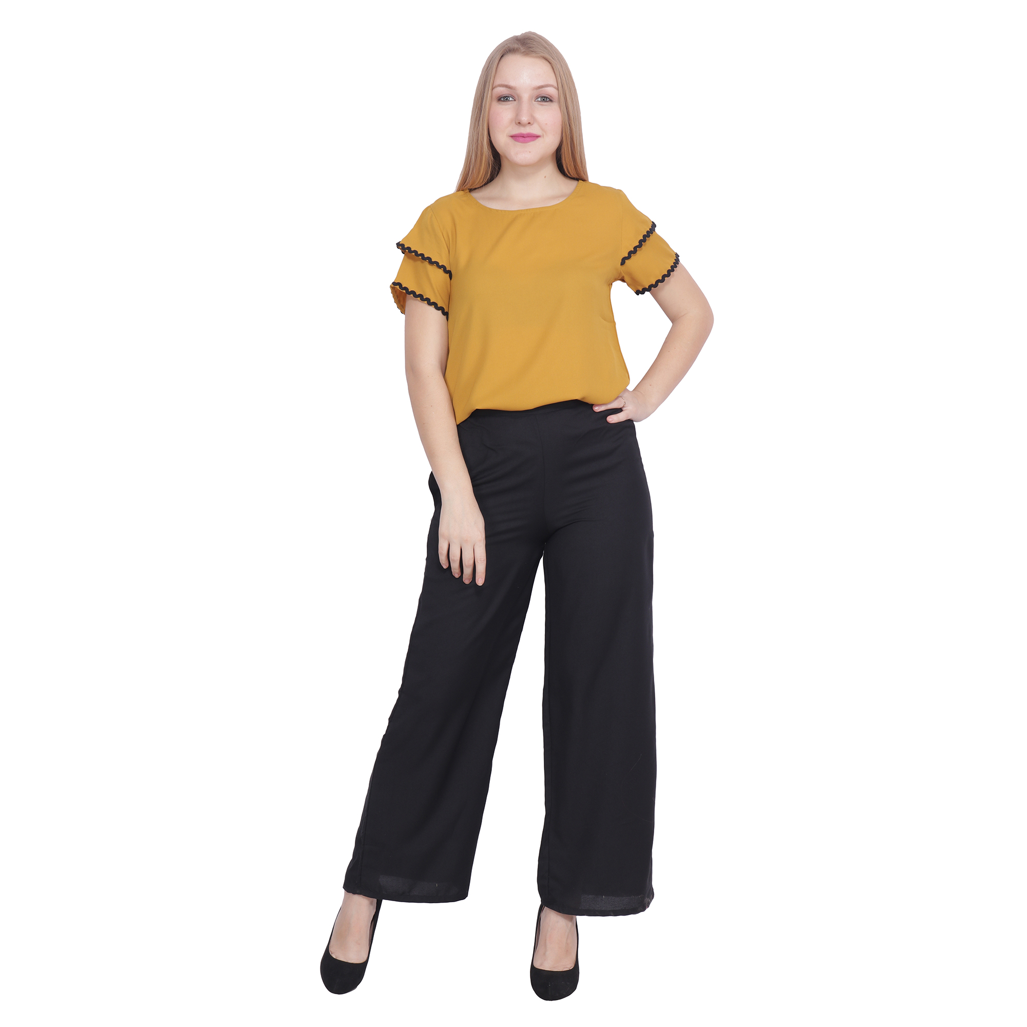 Popwing Casual Solid Black Rayon Palazzo With Polyester Layered Sleeves Mustard Top Set For Womens