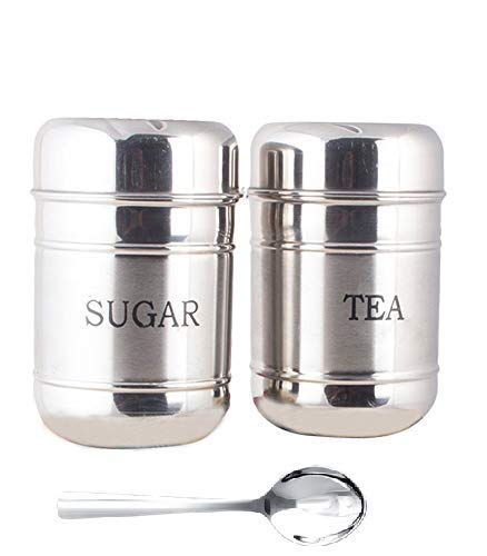 Homeeware Set Of 2,Stainless Steel Tea Sugar Coffee Canning Food Storage Airtight Jars Container/Canister Pot With Spoon
