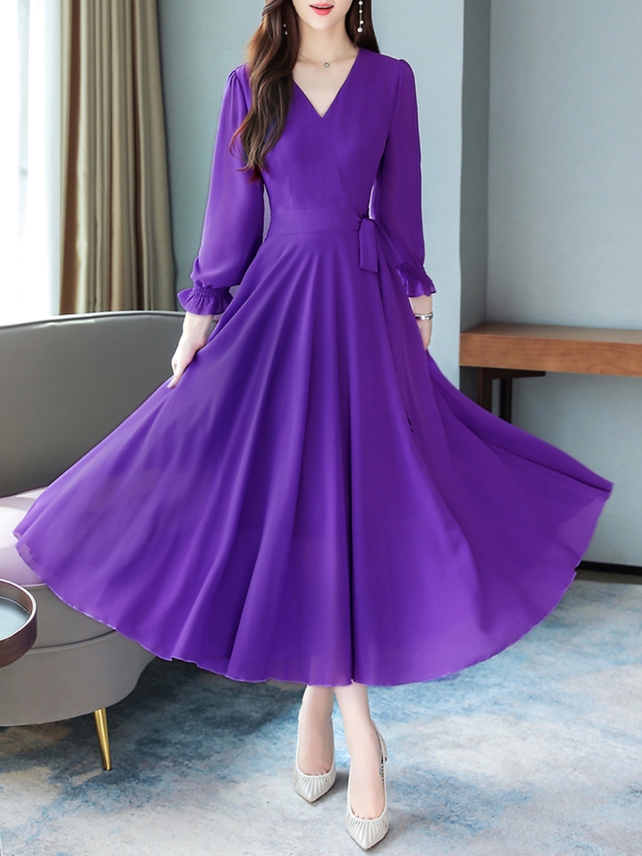Buy Purple Plain V-Neck A Line Dress For Women by Vivient Online @ ₹519 ...