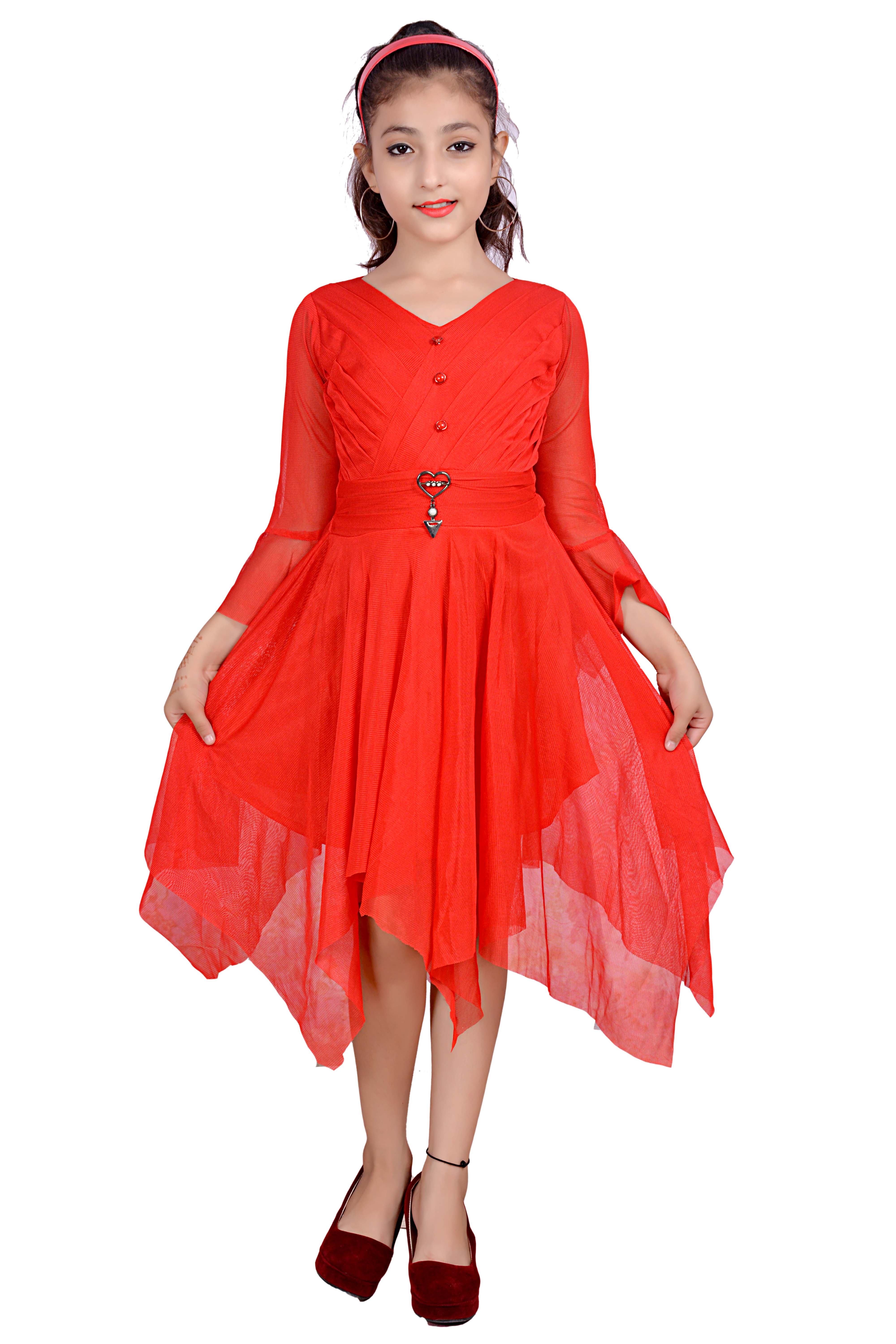 Sky Heights Girls Red Midi Knee Length Party Wear Dress