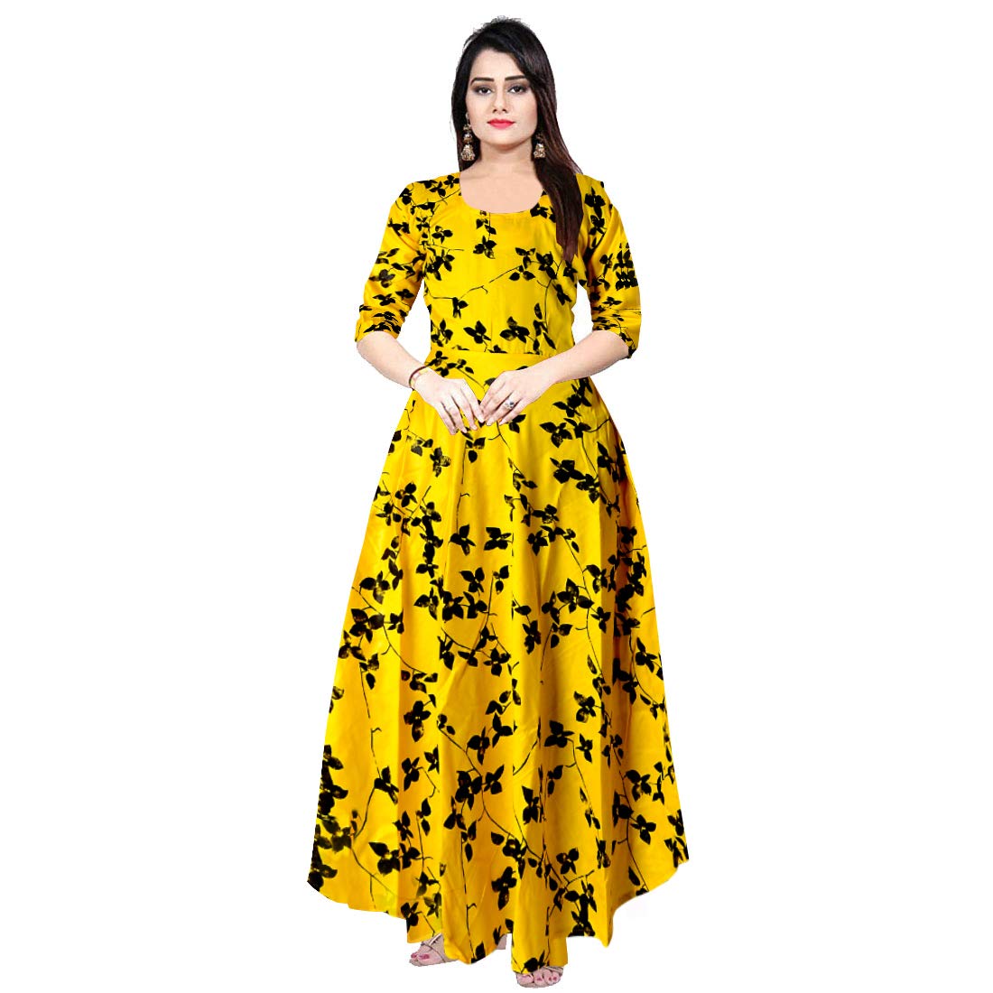 Women's Shoulder Straps Printed Fit and Flare Yellow Dress