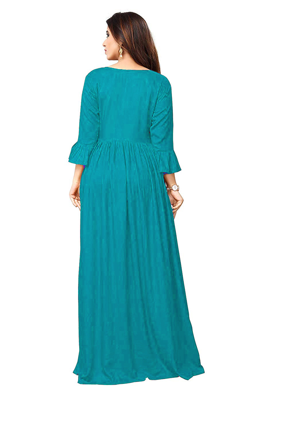 Buy FrionKandy Women's Turquoise Rayon 3/4th Sleeves Plain A Line Maxi ...