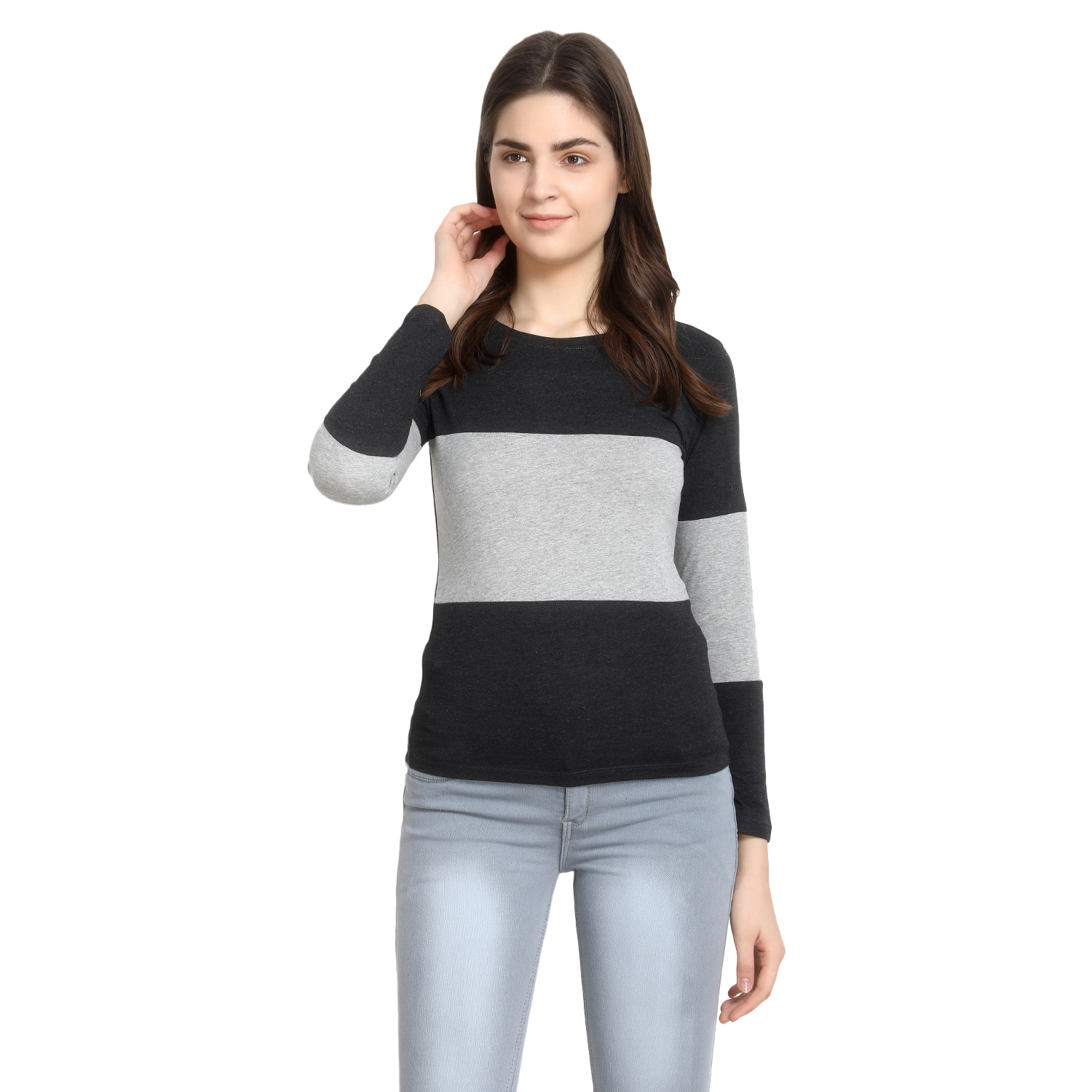 Buy Women Charcoal/Grey Color Blocked Round Neck Full Sleeve Top Online ...