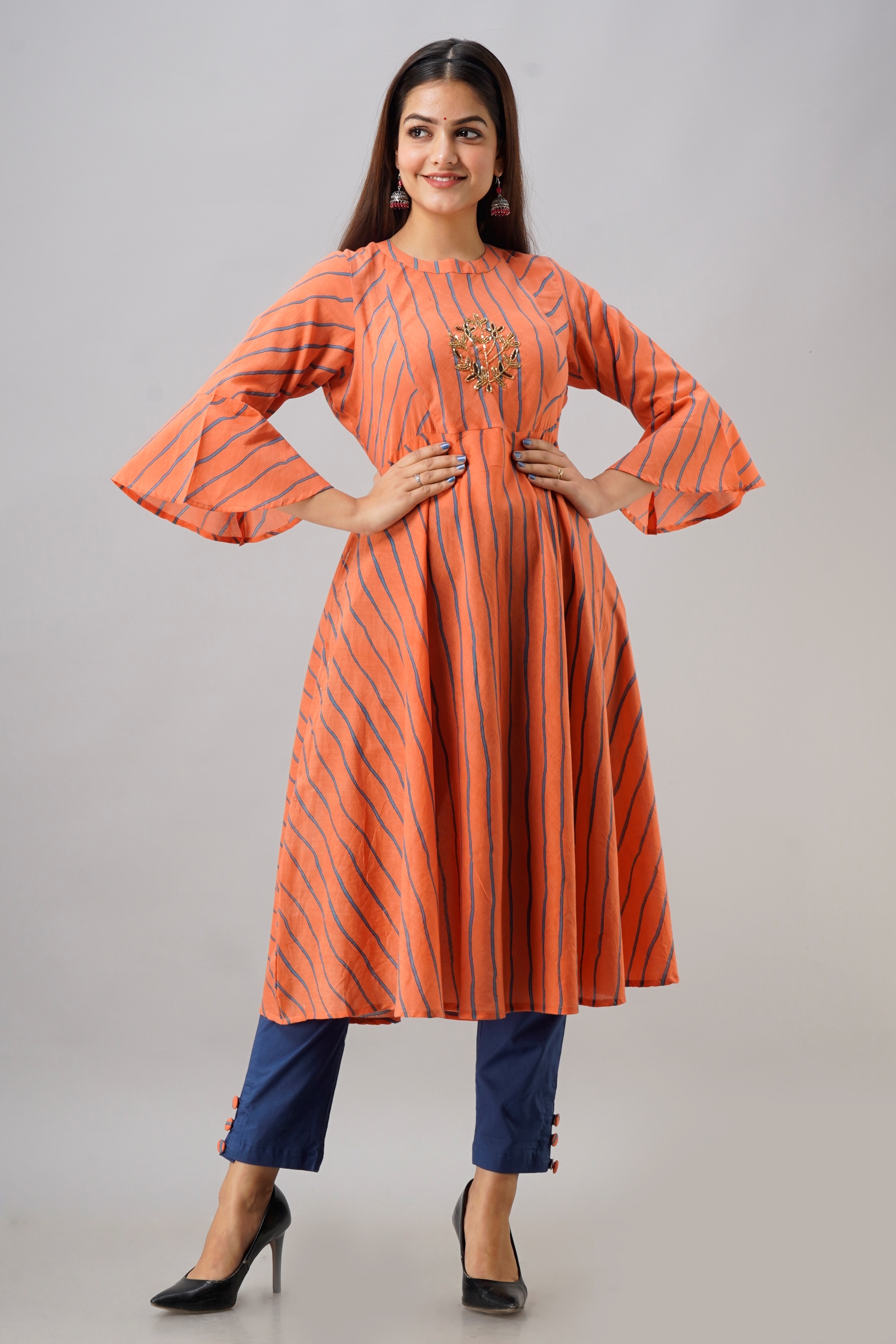 Buy FrionKandy Women's Leheriya Print Cotton Orange Kurta with Blue ...