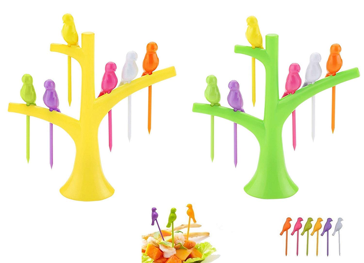 Birdie Plastic Fruit Fork Set with Stand, 6 Pieces, Multicolour