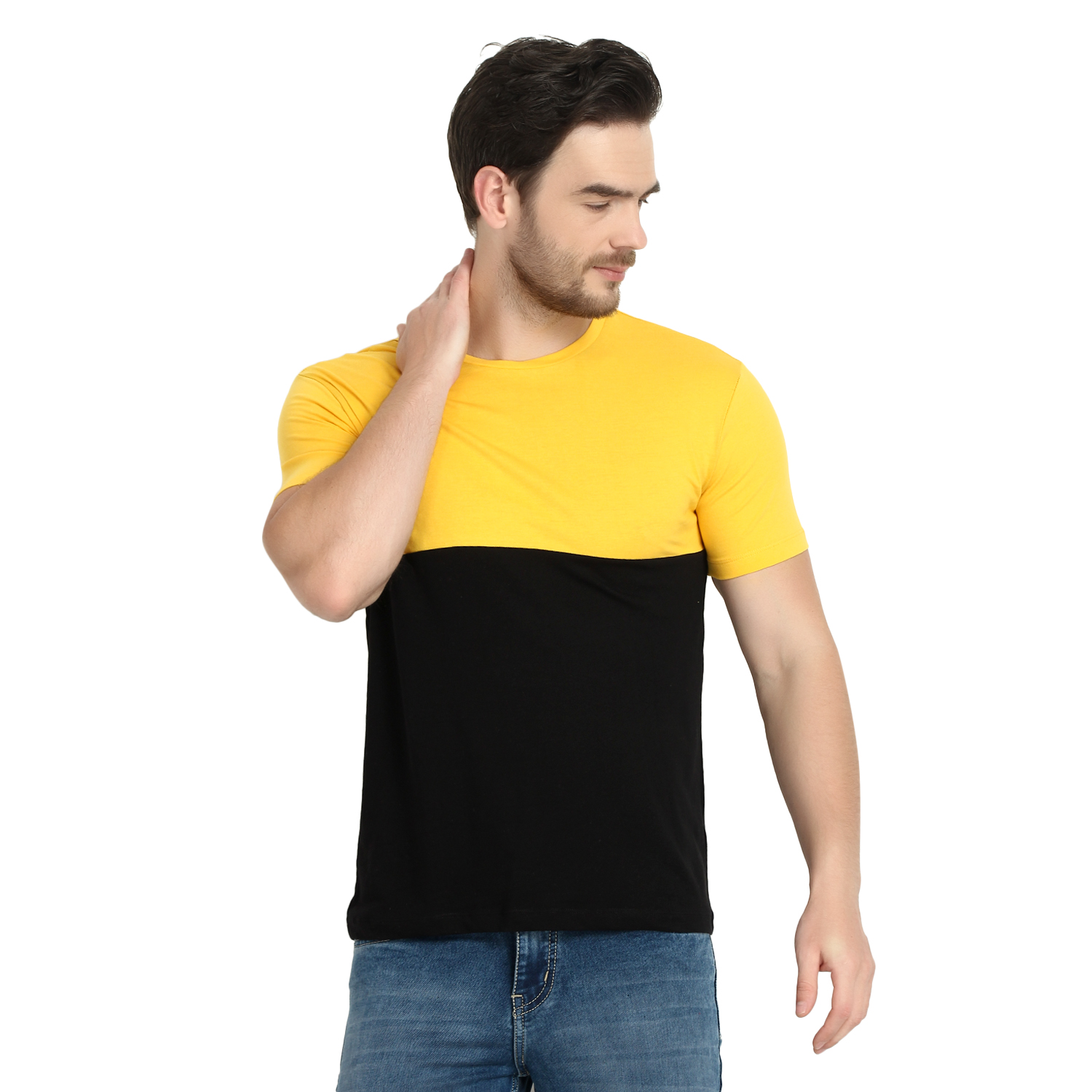 Buy Men Yellow Black Solid Round Neck T-Shirt Online @ ₹409 from ShopClues