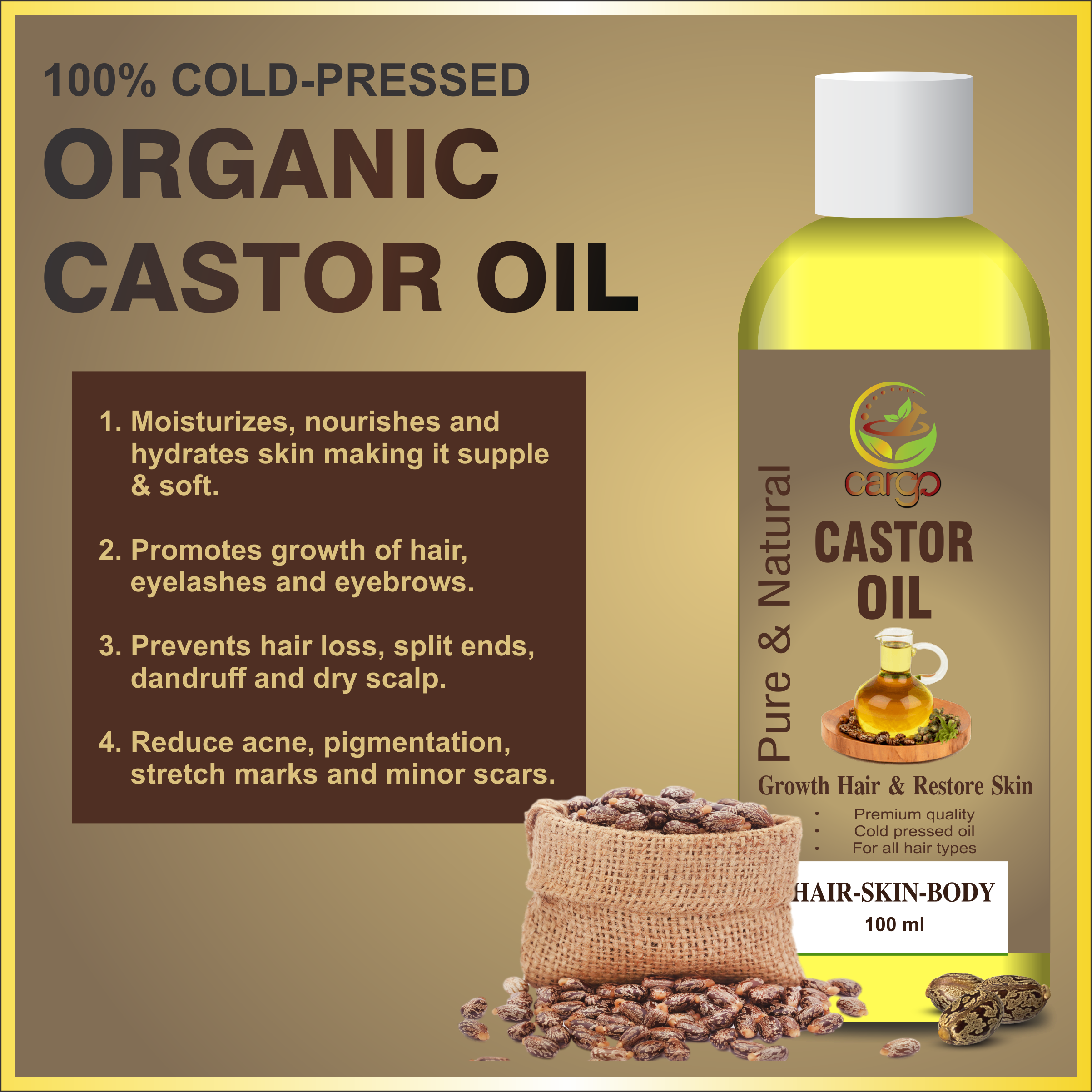 Buy CARGO Cold Pressed (Organic) Castor Oil for Skin, Body Hair Oil ...