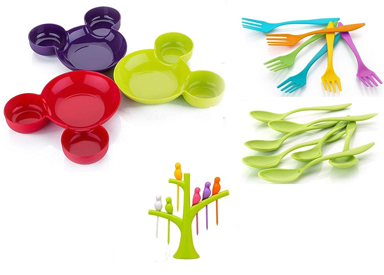 Unbreakable Eco Friendly Children's Mickey Minnie Shaped Serving Food Plate with Spoon Fork set of 3 and Fruit Fork