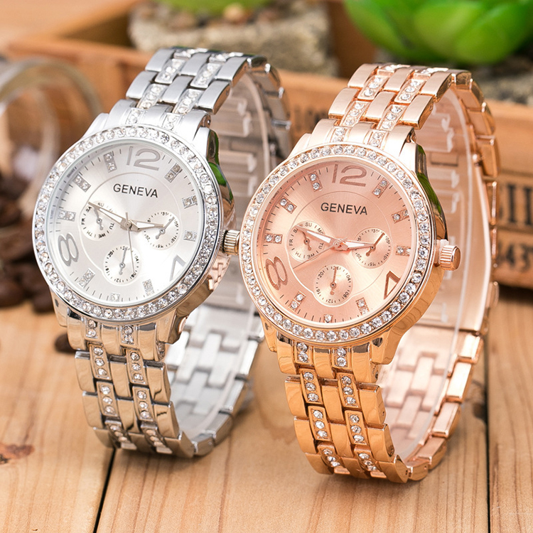 HRV Latest Rose Gold And Silver Crystal Stainless Steel Band Three Eyes Geneva Watch For Women