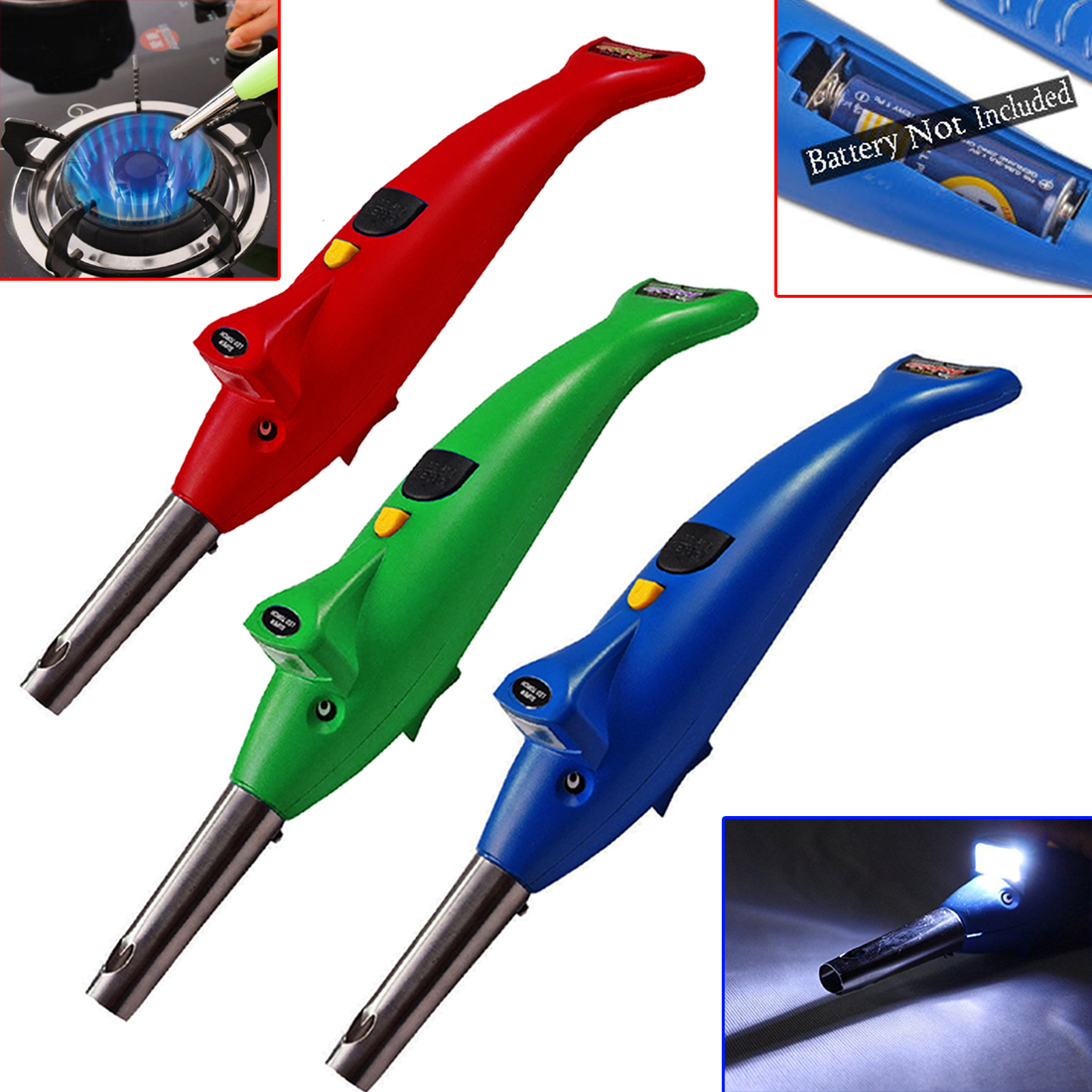 2in1 Electronic Dolphin Shape Battery Operated Kitchen Gas Lighter With Inbuilt Led Torch Pack Of 3 Pcs Gas Lighter