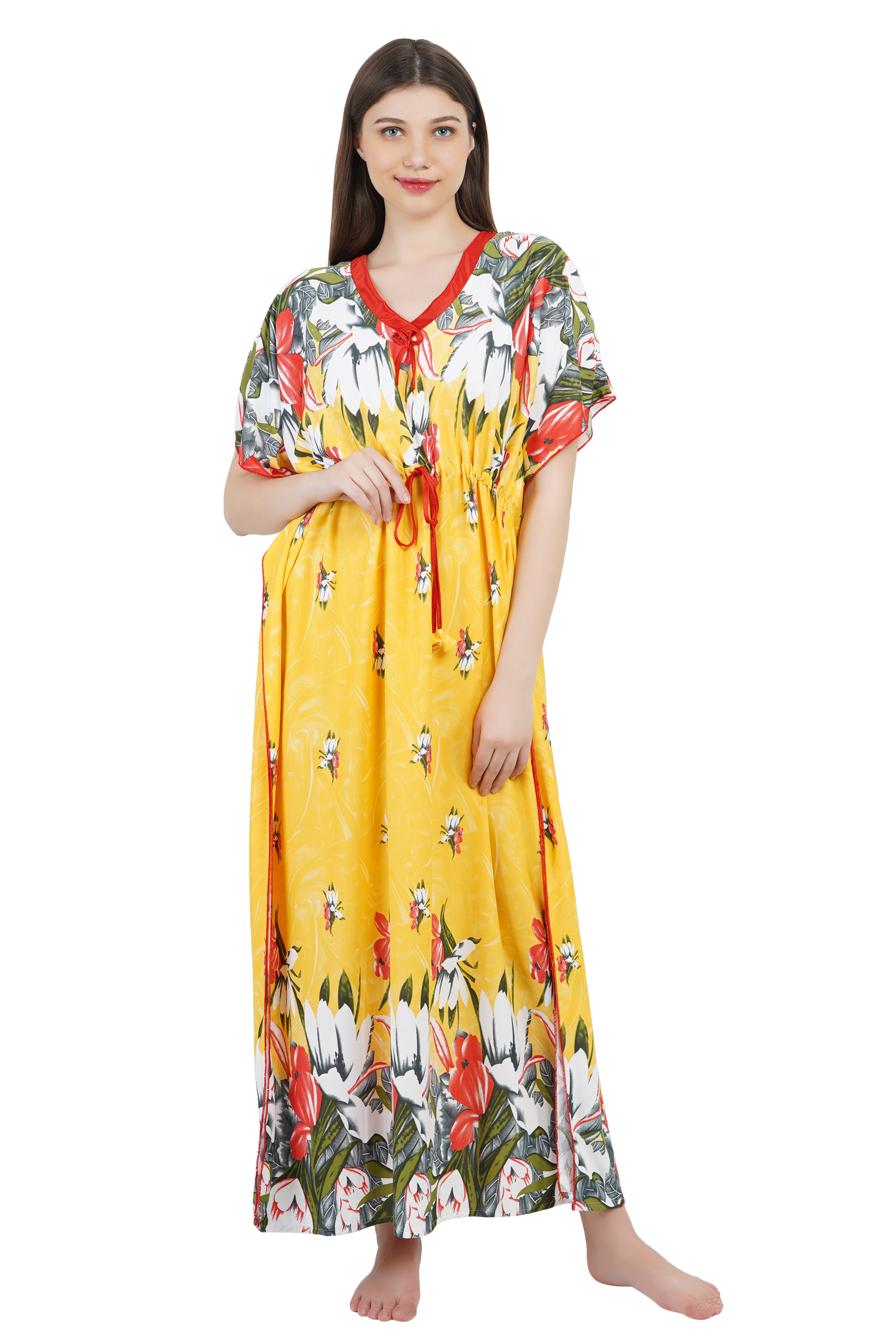 Buy Kastoori Creation Women's Kaftan Nighty Floral Print (Yellow ...