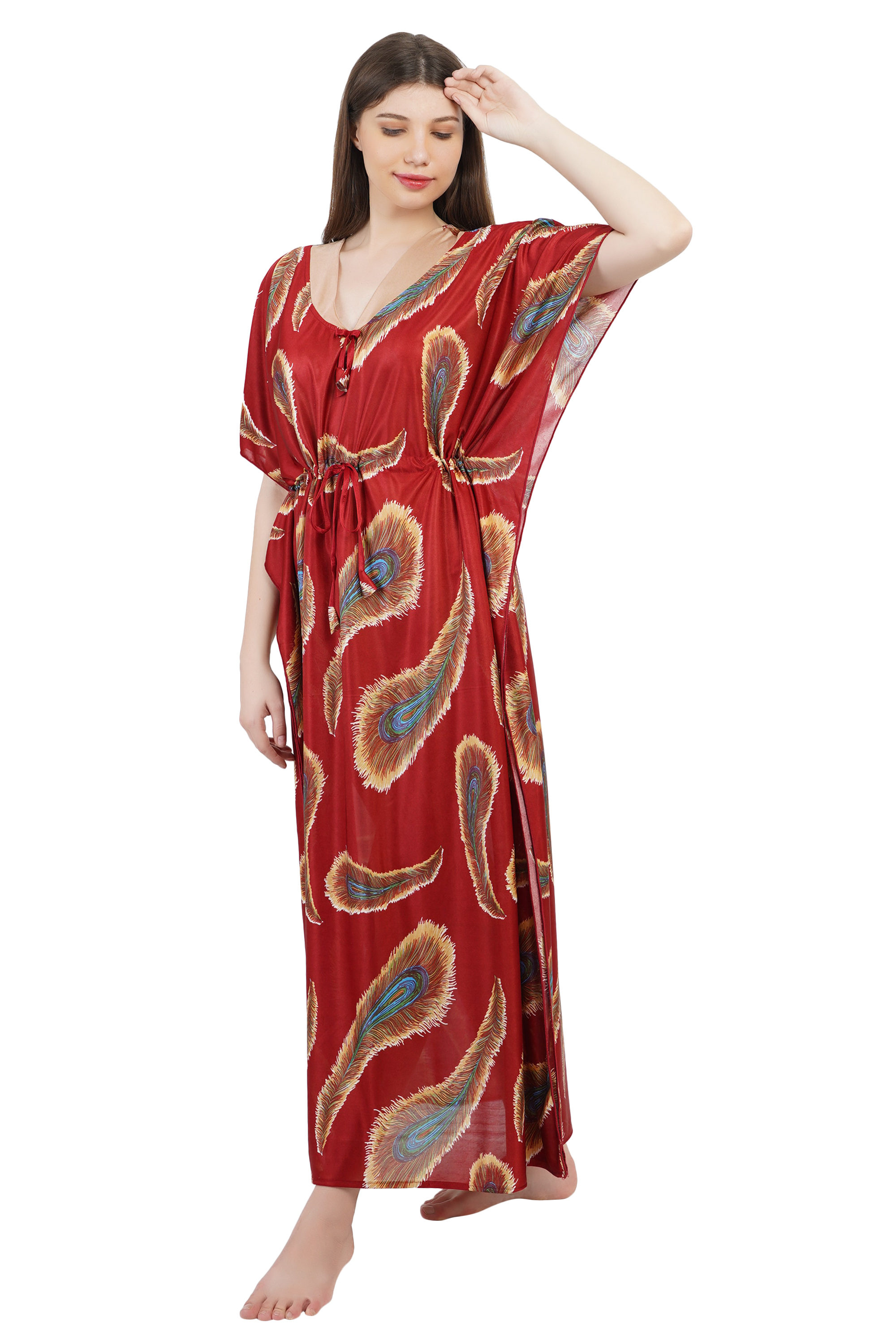 ABACADA'S GAJAB Women's Kaftan Nighty - Batik Print Cotton Nightgown, Orange Red-Navy, One Size