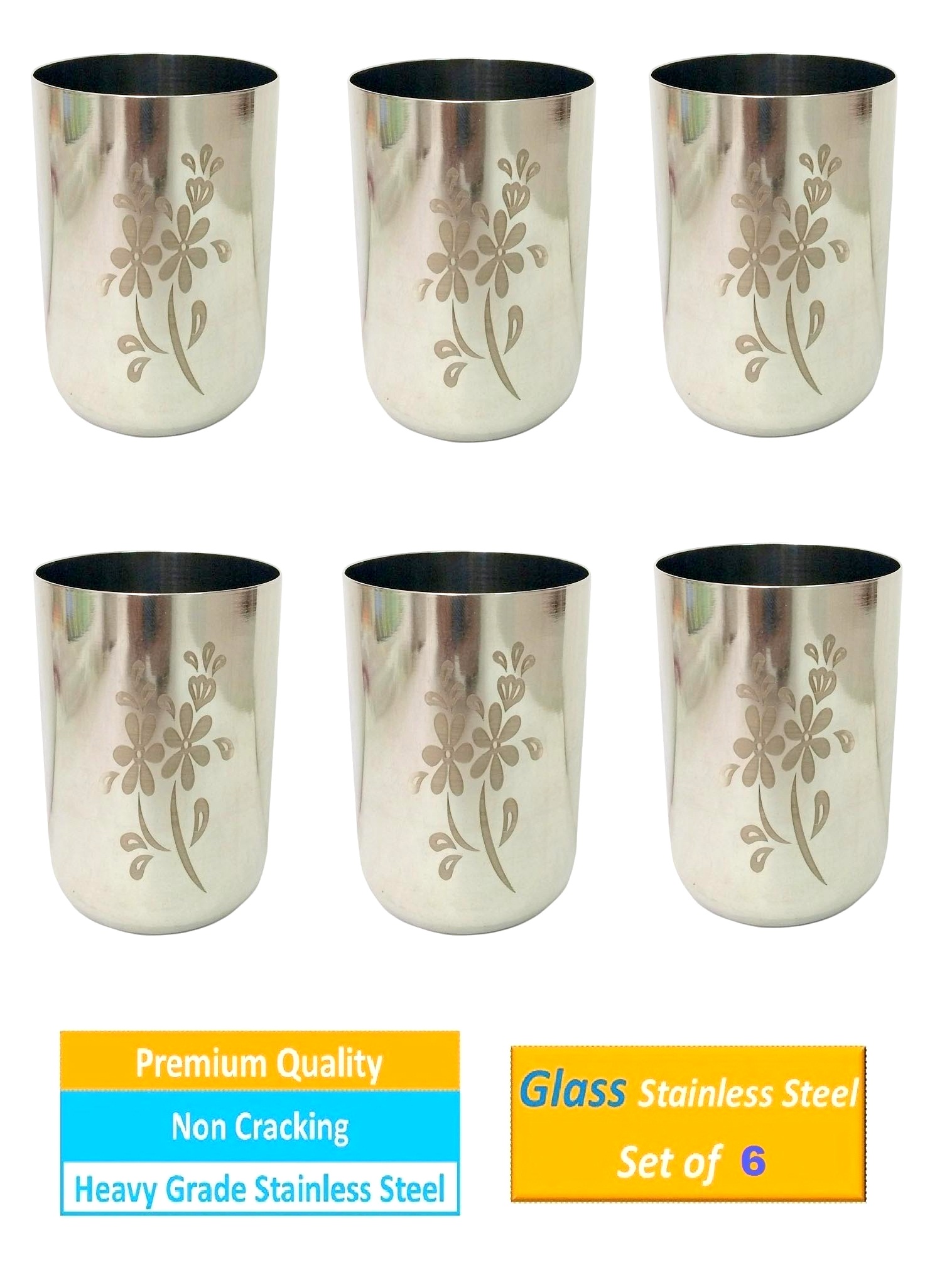 Buy AH Stainless Steel Glass Set of 6 pc, 250 ML, Unbreakable Flower