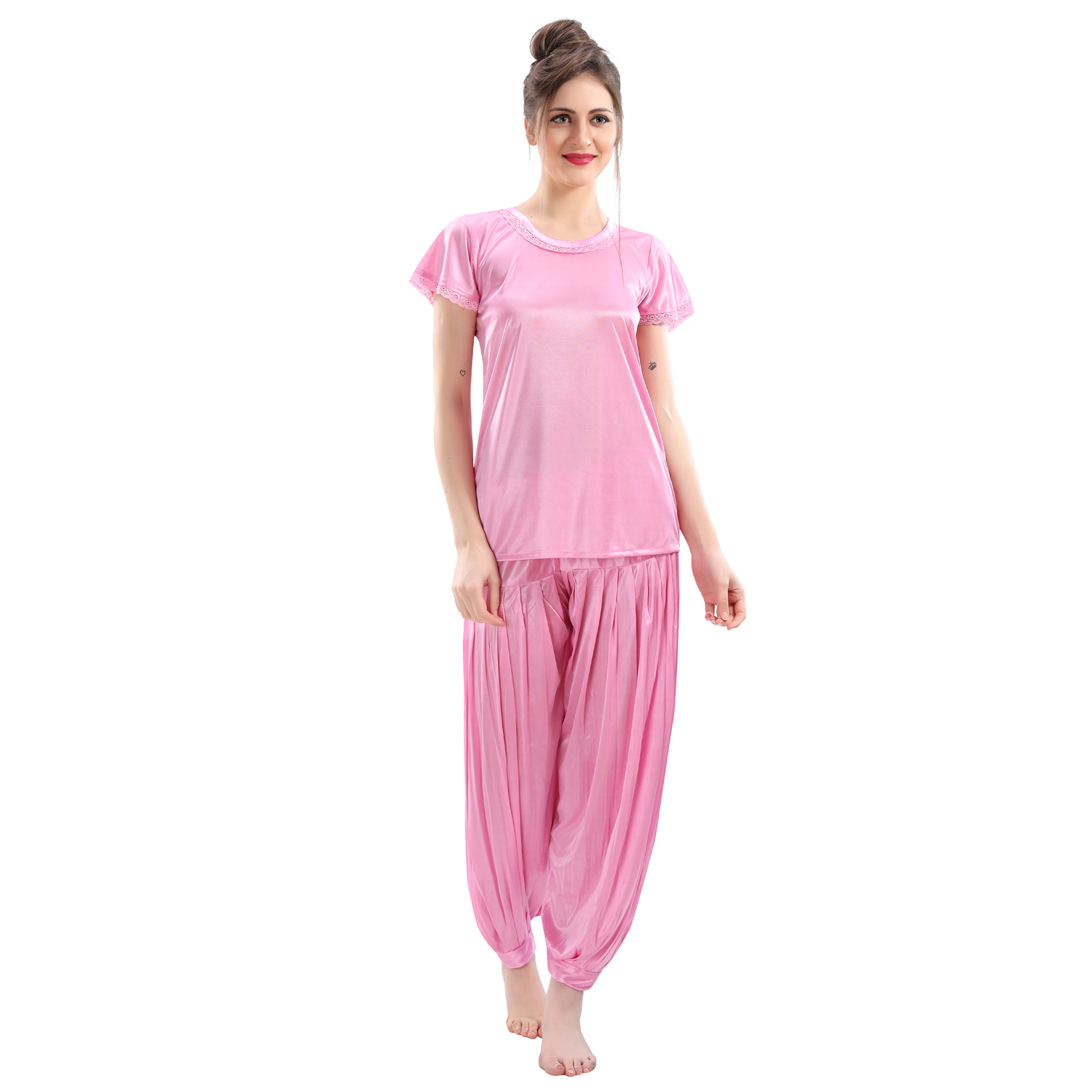 Buy Juliana Dream Light Pink Satin Nightwear Set Nighty Robe Top Dhoti Bra And Thong 9061