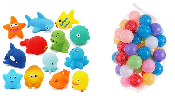 Kuhu Creations Entertaining Colorful Bath Toys.  3 Squeezing Animals, 6 Balls., Multicolor Balls .