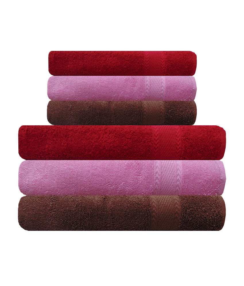 Buy Akin Pink, Red Brown Cotton Towels Set Of 6 ( Bath Towels 3