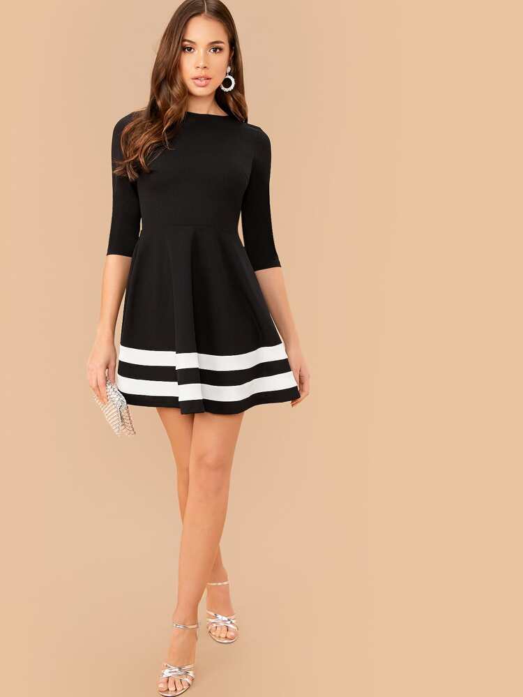 Buy Vivient Women Black Bottom White Double Stripe Midi Dress Online ...