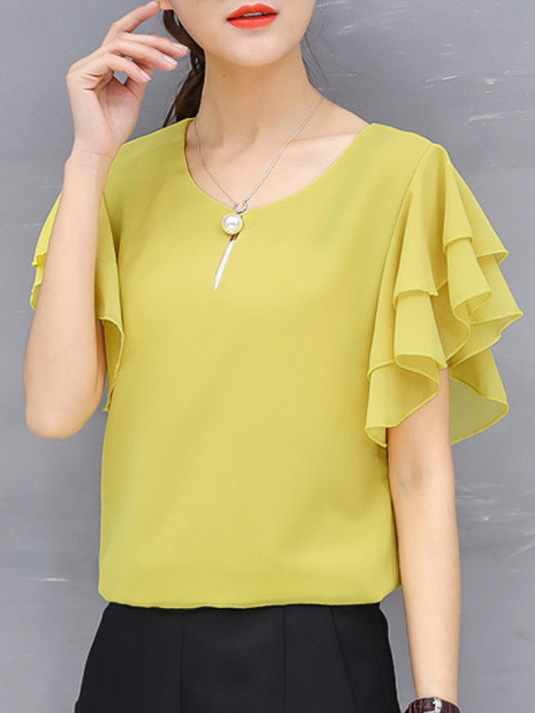 Buy Vivient Women Light Yellow Ruffle Sleeve Neck Button Top Online ...