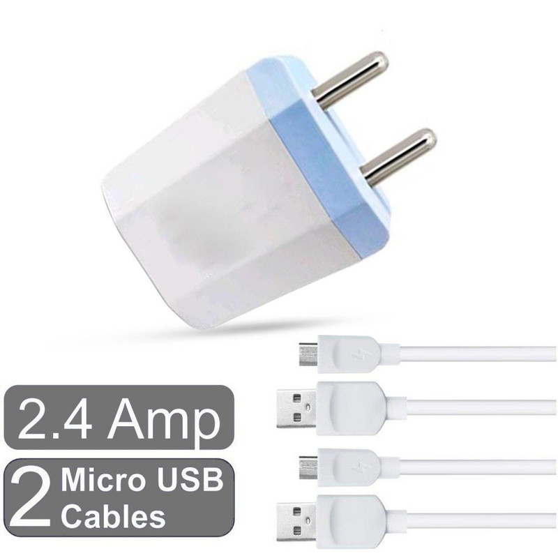 Raptech 5V/2.4 Amp High Speed Dual Port Travel Charger With 2 Micro USB Cables White Blue