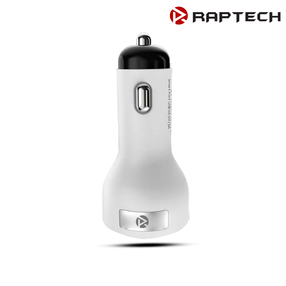 Raptech Dual Car Charger With Lightning To Usb Cable 10 Watt / 2.1 Amp Per Port White
