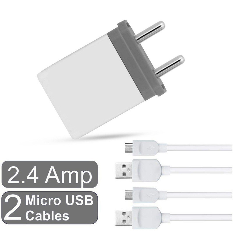 Raptech Dual USB 2.1 amp Maximum 2.4 amp Fast Wall Charger + 2 Charge With 2 Micro USB Cables White Grey