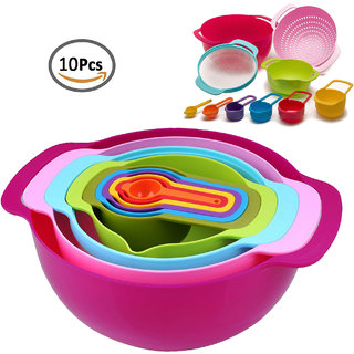 Plastic Mixing Bowl Set 10 Pcs with Measuring Cups and Spoons, Colander, Sieve Large Bowls, Best for Kitchen