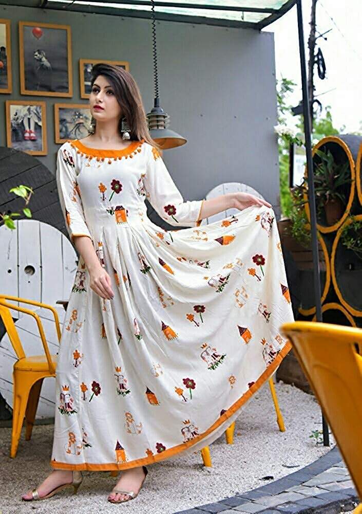 Buy CYNCA Women's white Printed anarkali cotton kurti / kurtis for ...